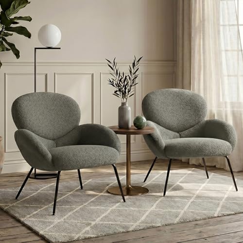 Image of Accent Chairs Set of 2 for Living Room, Boucle Fabric, Sage Green | Modern Accent Chair with Cloud Backrest, Soft Textured Boucle Fabric, Small Reading Chair for Sunroom, Reception Area