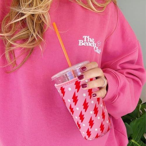 Image of Reusable Insulated Neoprene Iced Coffee Cup Sleeve, Durable Drink Sleeve for Cold Beverages, Beverage Holder for Iced Coffee, Pink Flash