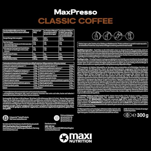 MaxiNutrition MaxPresso Coffee Classic 300g, Protein Kaffee, Whey Coffee Pulver, 21g Eiweiß pro Portion, Zuckerfrei & fettarm, Warm & kalt genießbar