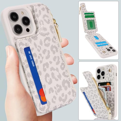 iPhone 13 Pro Max hoes portemonnee wit luipaard PU-leer met kaarthouder, ritssluiting en magnetische sluiting - Afbeelding 5