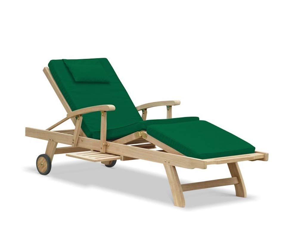 Wooden Reclining Garden Sun Lounger with Cushion (Green) - Teak | Arms | Leg-Lift | Wheels | Retractable Tray | Multi-Position Backrest
