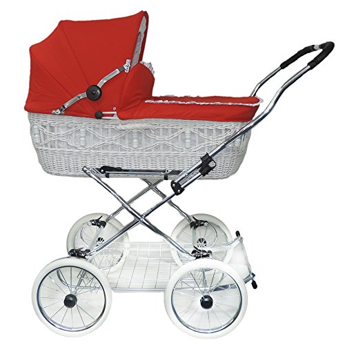 EICHHORN Weidenkorb Kinderwagen, Korb Weiß, Stoff Rot - große Liegefläche, weich gefedert, inklusive Matratze und Regenschutzbezug