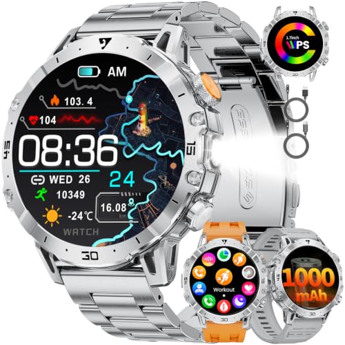 Smartwatch Herren Militär mit 1000mAh Großer Akku/1.7''Großes Display/Telefonfunktion/LED Taschenlampe… – Ansicht 1