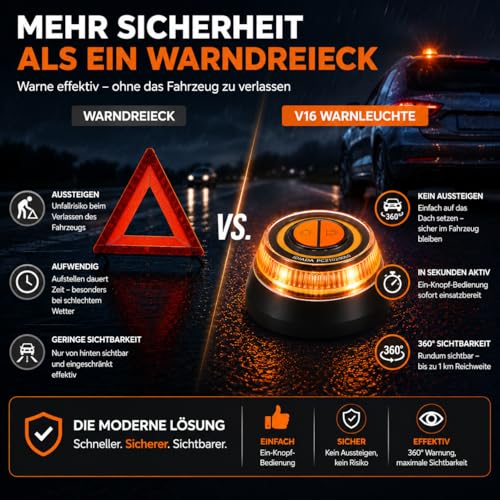 Safeglow® Warnleuchte V16 Notlicht 2026 IDIADA Zulassung Nr. PC21020060 - Warndreieck - Pannendreieck - EU Zulassung - für Auto & Motorrad