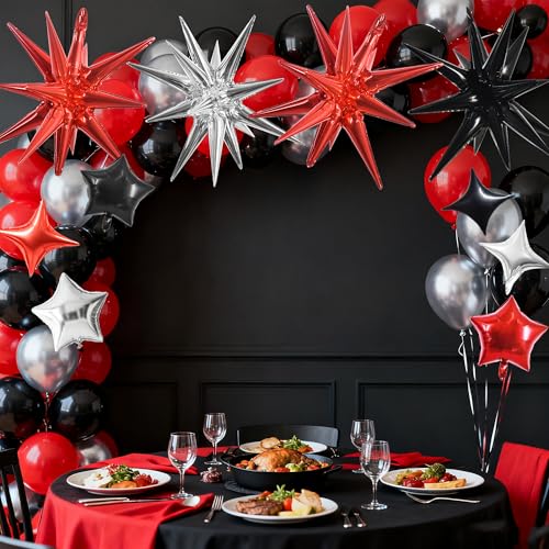 Image of TONIFUL 22Inch 15Pcs Black Red Silver Explosion Star Mylar Balloons and 10Inch Four Pointed Star Balloons Set for Christmas New Year Birthday Wedding Bridal Shower Anniversary Photo Booth Supplies