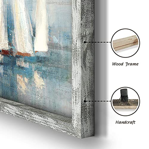 Seascape Framed Painting Wall Art: Abstract Ocean Artwork Coastal Picture Sailboat Prints on Wood in Modern Style for Home Decor 16"x12" - Image 2
