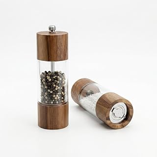 Deconox Akasya Ahşap Detaylı Akrilik Tuz ve Karabiber Öğütücü - Paslanmaz Metal ve Porselen Mekanizmalı Şeffaf Baharat Değirmeni (15 cm, 1 Adet)