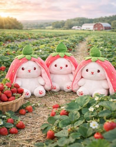 Image of 35cm Reversible Rabbit Strawberry Bunny Plush 3-in-1 Soft Toy with Zipper Stuffed Animal for Kids Girls Boys. Birthday Gift Room Decor Cuddly Teddy Bear Doll