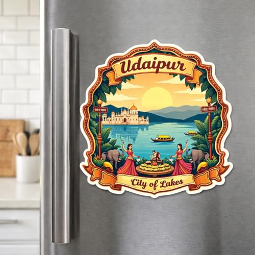 Image of Naxon Udaipur City of Lakes Fridge Magnet | Beautiful Rajasthan Travel Souvenir | Lake Pichola City Palace Jag Mandir Magnet | Home Kitchen Office Decor | 3x3 Inch Wooden Multicolor Gift | Pack of 1
