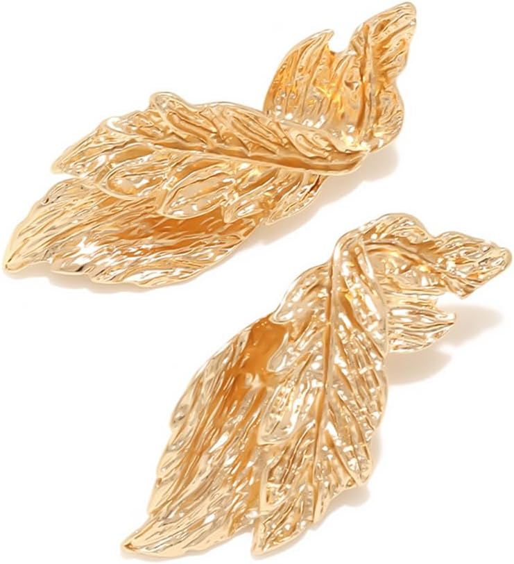 Chunky Gold Leaf Dangle Drop Earrings Vintage 14K Golden Plated Earrings Irregular Geometry Earring Boho Textured Leaves Statement Earring Party Fashion Jewelry Accessories for Women - Image 4