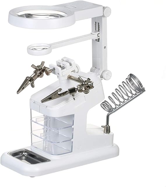 LED Light Helping Hands Magnifier Station - FEITA 3X/4.5X/25X USB Lighted Hands Free Magnifying Glass Stand with Iron Holder and Alligator Clips - for Soldering, Assembly, Hobby and Crafts