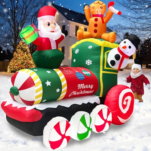6 Ft Long Christmas Inflatable Santa Claus Driving Train Outdoor Decorations, Christmas Blow Up Train with Snowman Gingerbread Man Decor Built-in LED Lights for Xmas Lawn Garden Outdoor Holiday Party