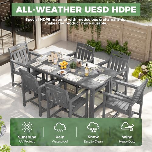 Image of Outdoor Rectangle Dining Table, Heavy-Duty HDPE Table for 6, Weatherproof Patio Table with Umbrella Hole, Rounded Corners for Safety, Grey