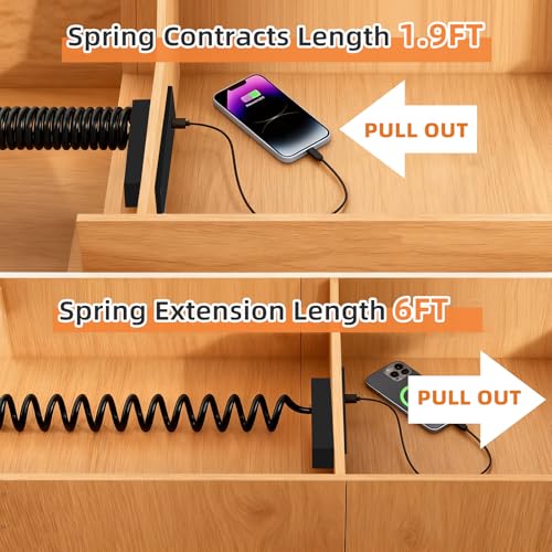 Havorbit Drawer Outlet with Spring Cord, 20W Fast Charging Recessed Power Strip, 3AC+2USB-C+1USB-A for Furniture/Desk/Conference Table, 6ft Cable, Black — view 4