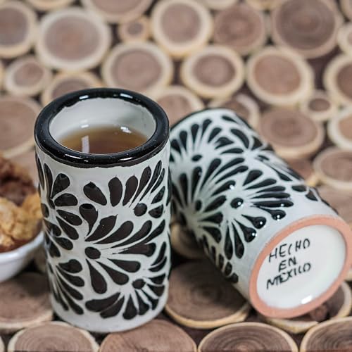 Image of Talavera Shot Glasses Set of 4 Authentic Mexican Tequila Shot Glasses - Hand-painted - 2 Oz (Black Brushstroke White Background)
