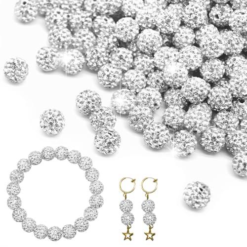 120pcs Rhinestone Beads for Jewelry Making,Clay Bling Sparkle Shamballa Rhinestone Beads 10mm Bulk for Bracelet Necklace Earring Crafting Jewelry Making (White)