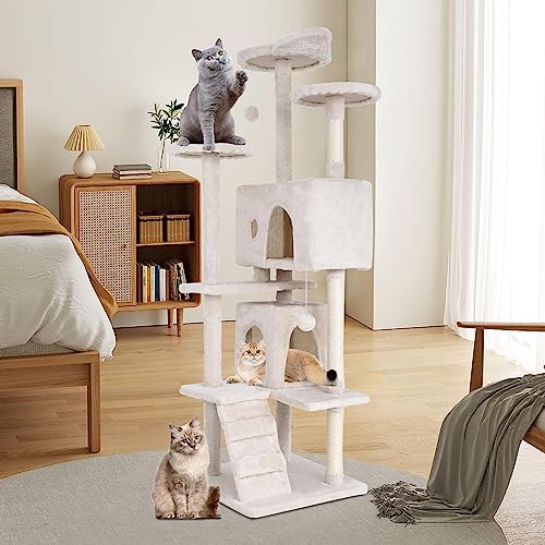 Image of 70 Inch Cat Tree, Cat Tower for Indoor Cats, Multi-Level Tall Cat Tree Kitten Tower with Cat Scratching Post, Cat Condo, Plush Perch, Dangling Ball, Heavy Duty Cat Tree for Large Cats, Beige