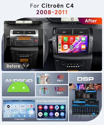 Android Autoradio pour Citroën C4 2004-2010 avec Carplay 4+128G et GPS Écran In-Cell 9"