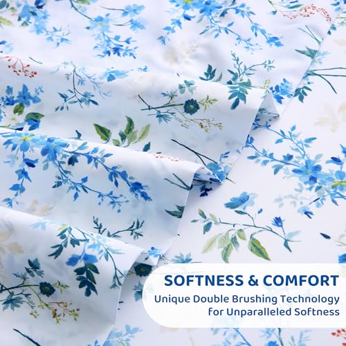 Image of Mooreeke Cozy Vintage Microfiber Printed Queen Sheet Set - Soft & Breathable Percale Blue Green Floral Bed Sheets with Extra Deep Pocket - Non-Slip Fitted Design - Blue Green Flower Pattern
