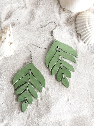 MINACHI Bohemian Chic Green Wooden Layered Leaf Dangle Drop Earrings, Boho Jewelry Gift for Women4