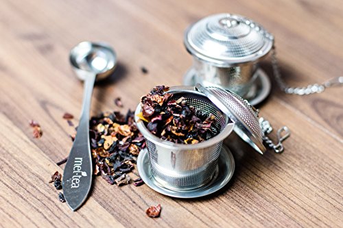 meitea – Tee-Ei Edelstahl Teefilter (2er Set) mit Abtropfschale und Teelöffel – hochwertiges Teesieb & Teekugel - 2