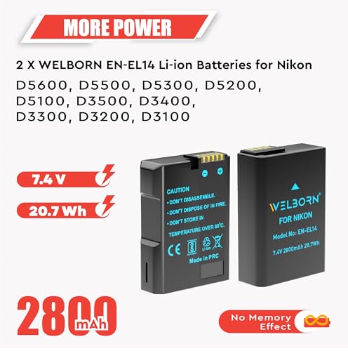 Image of WELBORN EN-EL14 Dual Battery and Charger Combo Pack Compatible with Nikon Digital Camera D5600 D3500 D3400 D3100 D3200 D3300 D5100 D5200 D5300 D5500, Coolpix P7000 P7100 P7200 P7700 P7800
