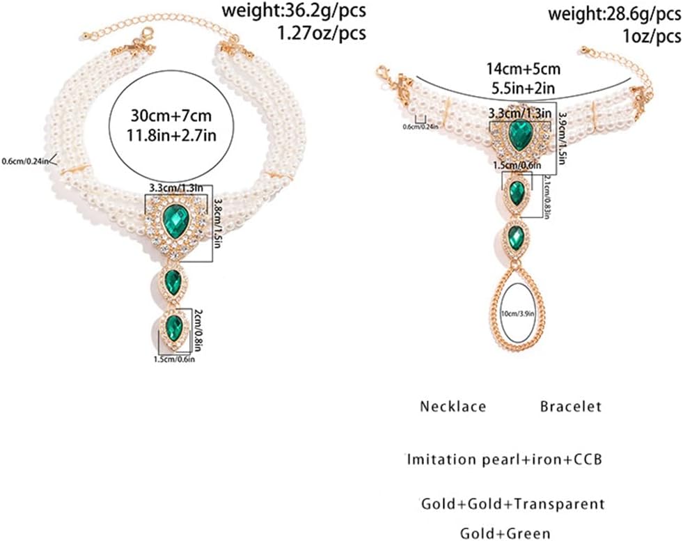 Pearl Necklace Bracelet Jewelry Set for Women Vintage Imitation Pearl Multi-Strand Choker Shiny Crystal Teardrop Pendant Necklace and Bracelet Court Style Queen Costume Jewelry - Image 2