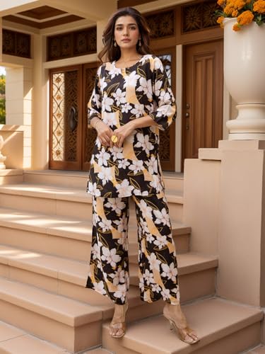 Image of NAINVISH Women's Printed Rayon Blend Co-ord Set | Straight Fit Top & Pant Ensemble | V-Neck Mandarin Collar Styles | Modern Black, Orange, Purple, Green Designs | Perfect for Casual, Festive Events