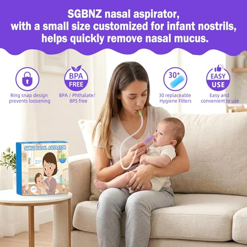 Image of Nasal Aspirator for Baby with 30 Hygiene Filters 0-12 Months, Compact Size, Baby No Bulky Feel Reusable Infant Nose Cleaner, Easy to Use and Clean, Portable for Both Travel and Home Use-Purple