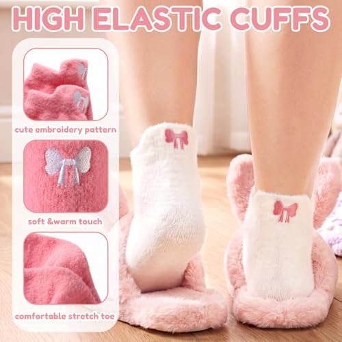 Image of Skicuff 5 Pair Women Bow Fuzzy Socks Coquette Cozy Fluffy Ankle Slipper Socks for Women Girls Gifts