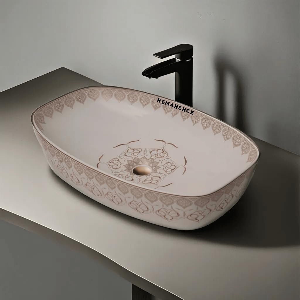 REMANENCE Designer Ceramic Table Top Sink Basin for Bathroom | Over Counter Wash Basin for Living Room | Washbasin Countertop (24 x 15 x 5 Inch) (Moroccan Design CL 93)