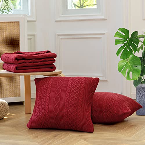 Aormenzy 3 Pieces Red Throw Blanket Set, Decorative Cable Throw Blanket With 2 Throw Pillow Covers 18 X 18 Inch For Sofa Couch Bed, Red Knit Throw Blanket 50 X 60 Inch #TOP3