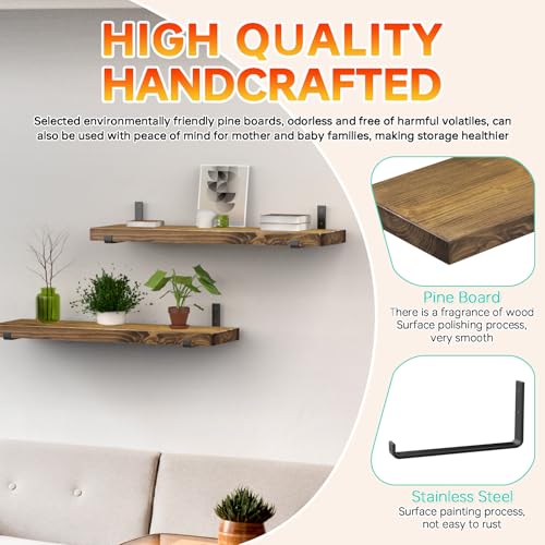 Handcrafted Rustic Heavy Duty Wooden Shelves Wall-Mounted Floating Shelves with Seated Black L Brackets-Dark Brown(80x22.5x4.5cm,Rustic Pine) - Image 2