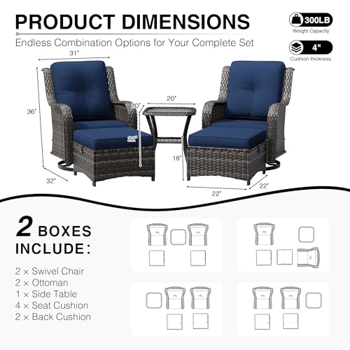 Image of Joyside 5 Piece Wicker Patio Furniture Set, Outdoor Swivel Rocker Patio Chairs with High Back, Deep Seating, Wide Armrest, Thickened Cushions, Outdoor Furniture for Deck, Porch Use