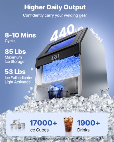 Image of VEVOR Commercial Ice Maker Machine, 440 lbs /24h with 53-85 lbs Storage Capacity, Built-in /Freestanding /Under Counter, Stainless Steel Ice Maker with LED Display & Self-Cleaning, Home Bar Restaurant