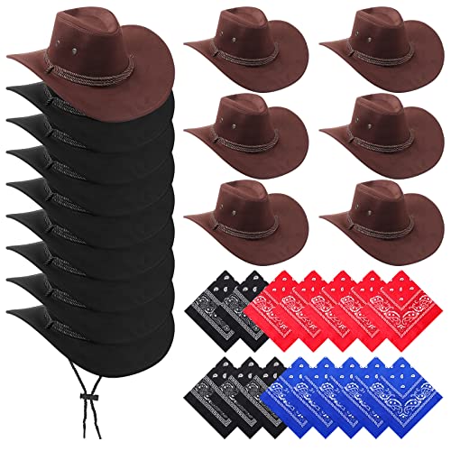 Image of Coume 15 Set Western Cowboy Hat Costume Accessories Paisley Bandanna Cowgirl Hats Bulk for Adult Women Men Dress Party