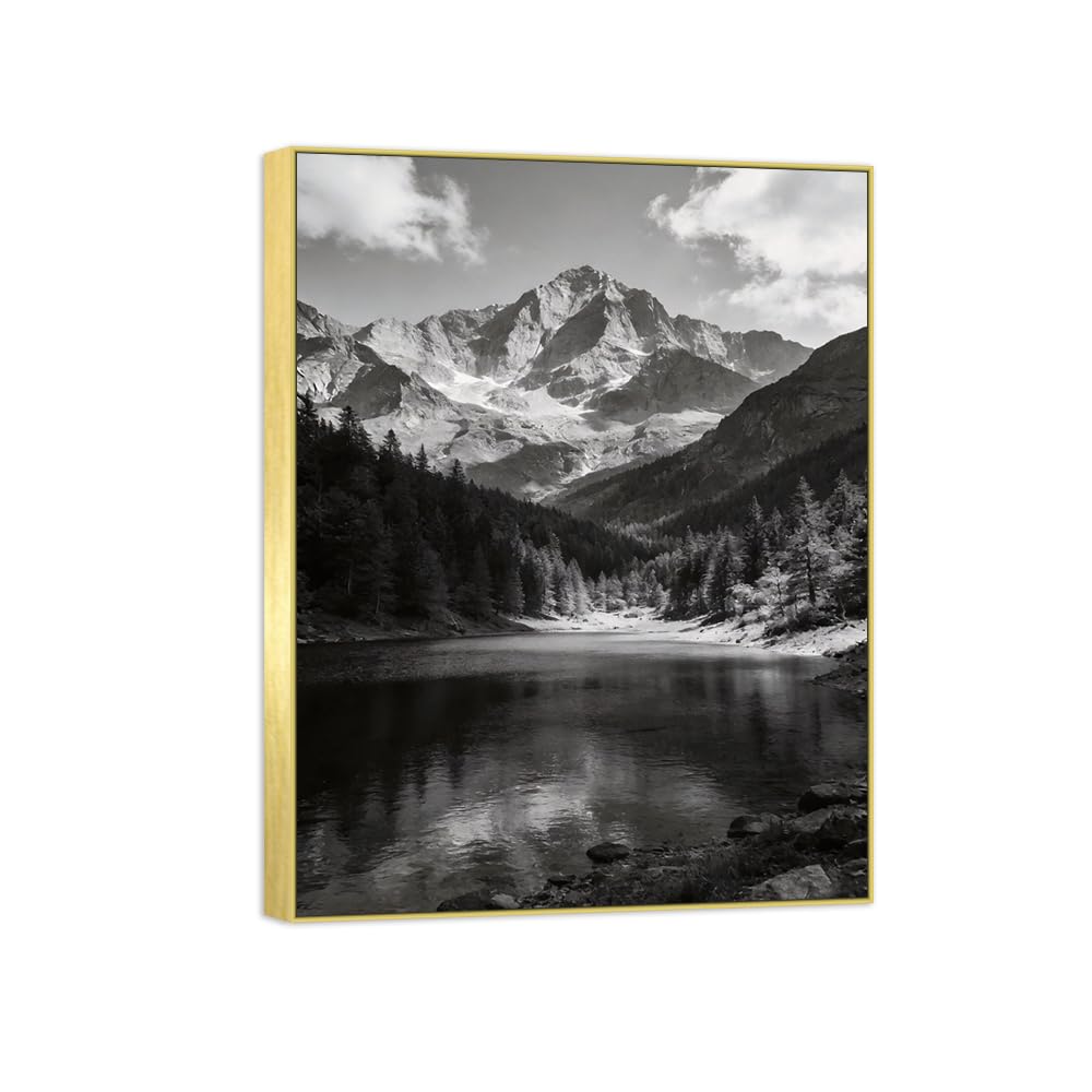 Lake Mountain 3 Black White Landscape Canvas Picture 50x65cm Gold Frame