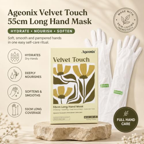 Image of Velvet Touch Hand Mask Gloves 55cm | Treatment for Dry Hands with Shea Butter, Aloe Vera, Avocado, Glycerin | Care Mitts for Whitening, Brightening, Moisture, Repair | Treatment for Dry Hands with Shea Butter, Aloe Vera, Avocado,Glycerin | Nourishes Nails & Cuticles | At-Home Manicure