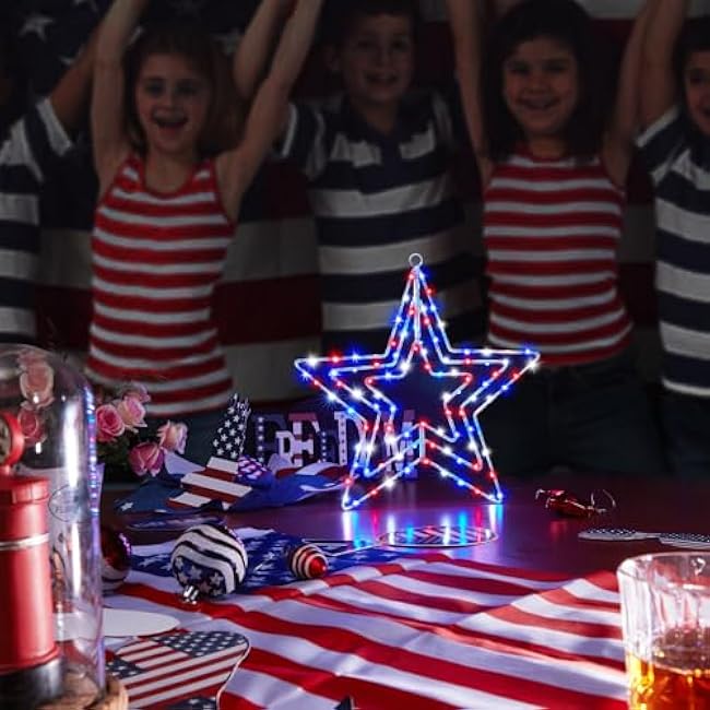 BlcTec 4th of July Decorations 3 Layers of 14inch Red White Blue Big Stars with Rotatable Function, Durable Metal Frame Patriotic Stars Lights with Remote, 8 Modes & Timer for July 4th Decor, 2 Packs