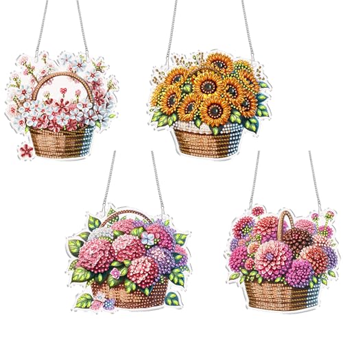 Kit peinture diamant CXINLky : décoration murale et suspension de fenêtre fleurie en lot de 4