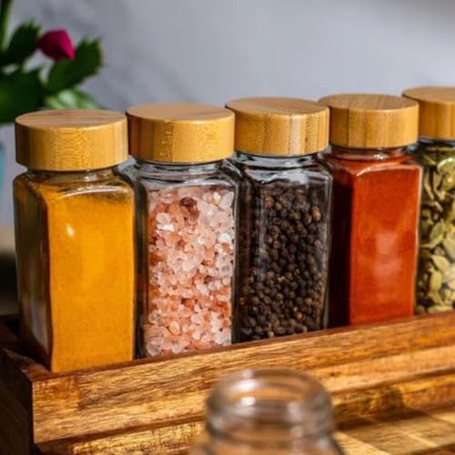 Image of WHISKET - 100 Ml Multipurpose Spice Jars Set With Bamboo Lids | Square Spice Jars Set| Moisture-Resistant Masala, Herbs & Seasonings Storage Containers. (PACK OF 20)
