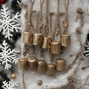   Vintage-Rustic-Lucky-Tin-Metal-Cow-Bells-Christmas-Decor-10-Cylinder-Bells-on-Jute-Rope
