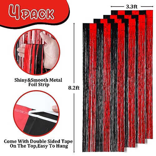 Image of Voircoloria 4 Pack 3.3x8.2 Feet Red and Black Foil Fringe Backdrop Curtains, Tinsel Streamers Fringe Backdrop for Strangers, Halloween Theme Party Decorations