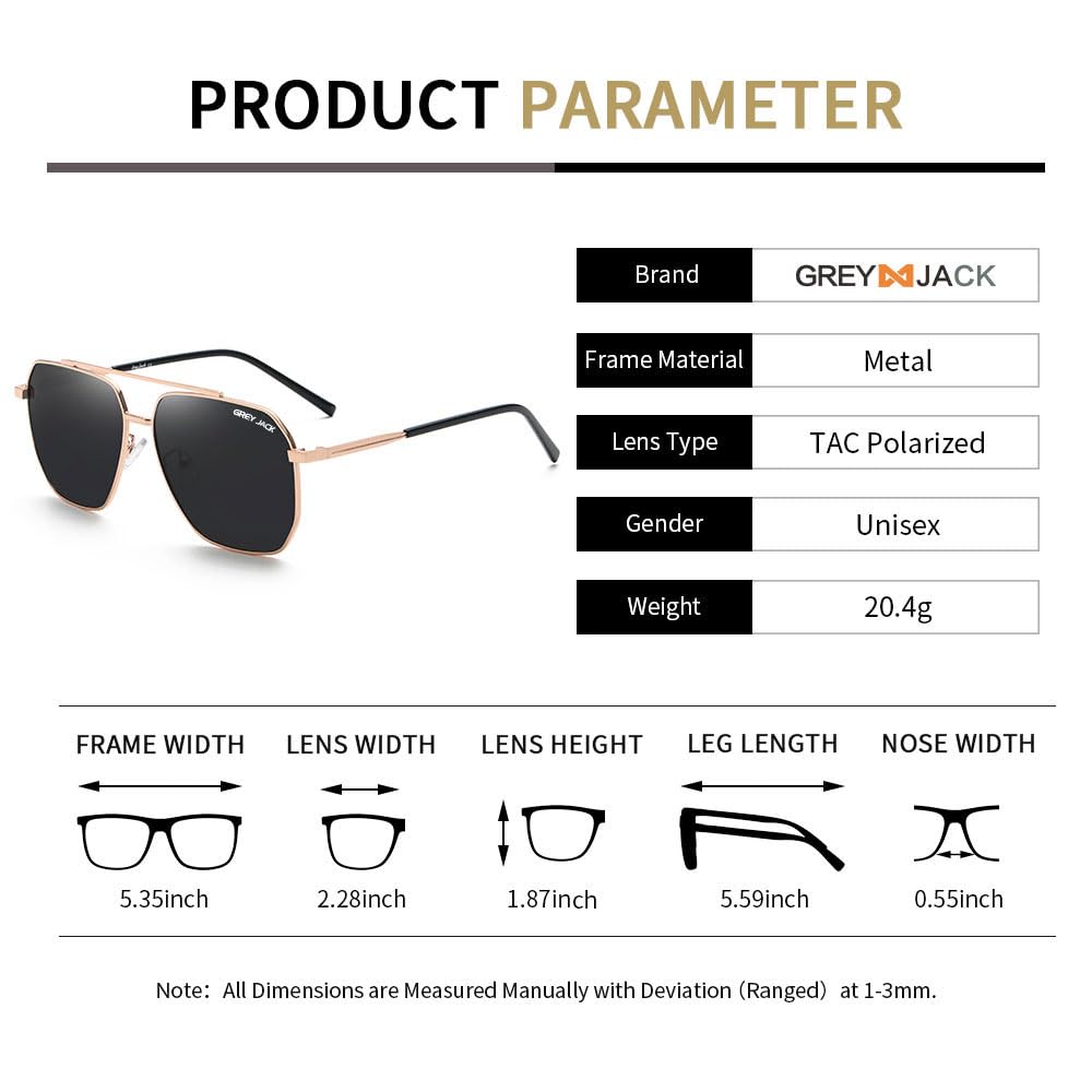 grey jack Square Polarized Sunglasses for Men and Women Metal Frame S1811 Golden Frame Black Lens 2