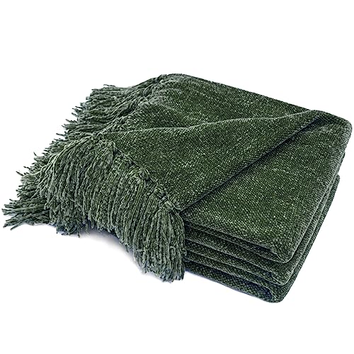 Image of RECYCO Throw Blanket Soft Cozy Chenille Throw Blanket with Fringe Tassel for Couch Sofa Chair Bed Living Room Gift (Dark Green, 60" x 80")