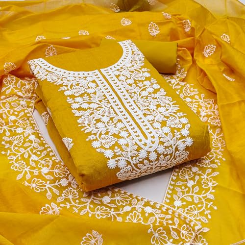 Image of Y2Y Women's Heavy Cotton Embroidery Work Unstitched Salwar Suit Dress Material With Chanderi Work Dupatta (Free Size Multi Color)