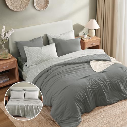 Monbix King Size Comforter Set - 7 Pieces Granite Grey Prewashed Bed in a Bag King Bedding Sets with Comforters, All Seasons Ultra Soft Comforter Bed Set with Sheets,Pillowcases & Shams