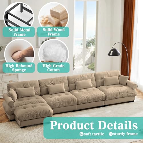 Image of SoarFlash 166 inch Sectional Couches for Living Room, L Shaped Sofa Couch with Velvet Fabric, 4 Seat Modern Sofa with Ottoman, Removable Pillows for Apartment, Brown