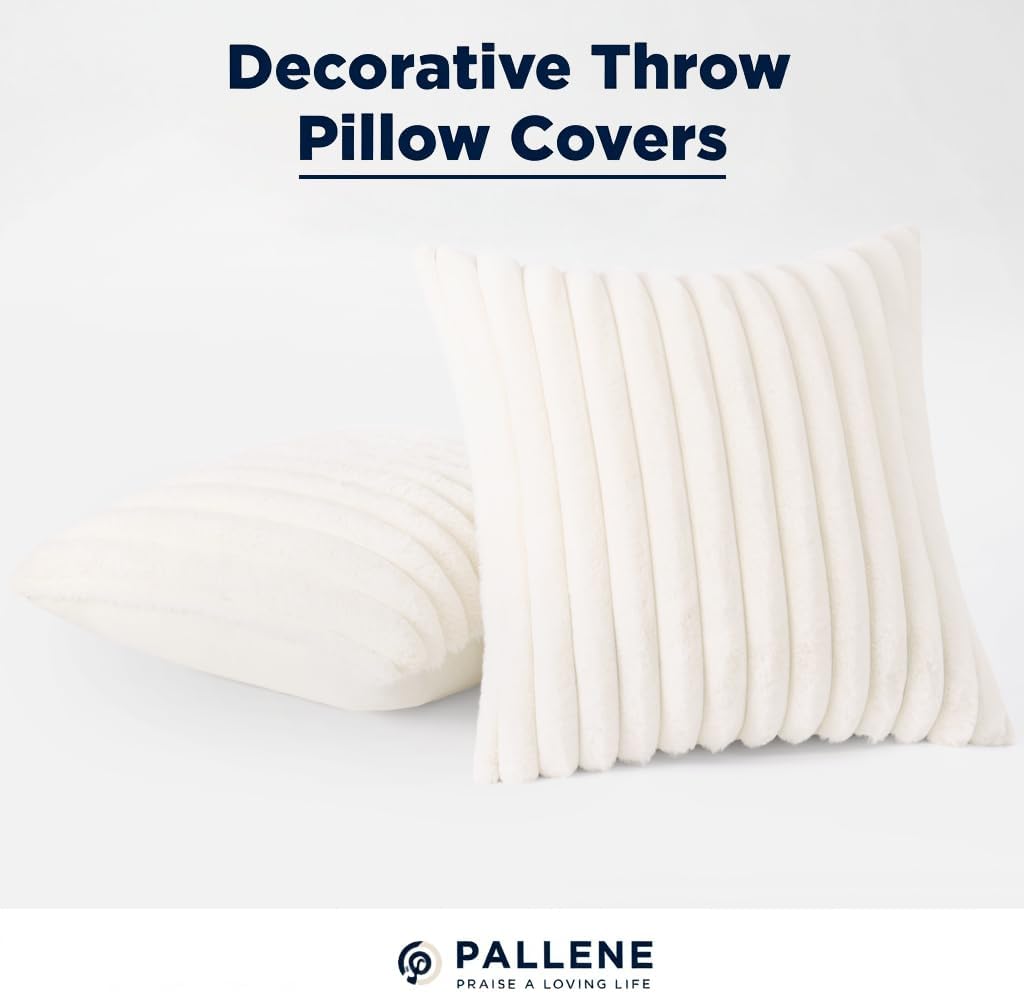 Pallene Faux Fur Plush Spring Throw Pillow Covers 16x16 Set of 2, Luxury Soft Fluffy Striped Decorative Pillow Covers for Sofa, Couch, Living Room, Cream White - Image 8