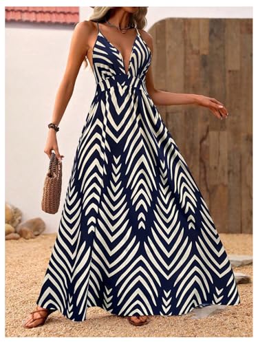 Image of MakeMeChic Women's Boho Maxi Dress Summer Luau Outfits Beach Wedding Guest Backless Sundress Flowy Resort Wear